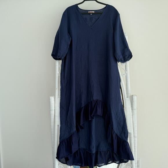 100% Linen Dress Medium Navy Ruffle Lagenlook Coastal Pockets Flowy Minimalist - Picture 1 of 9